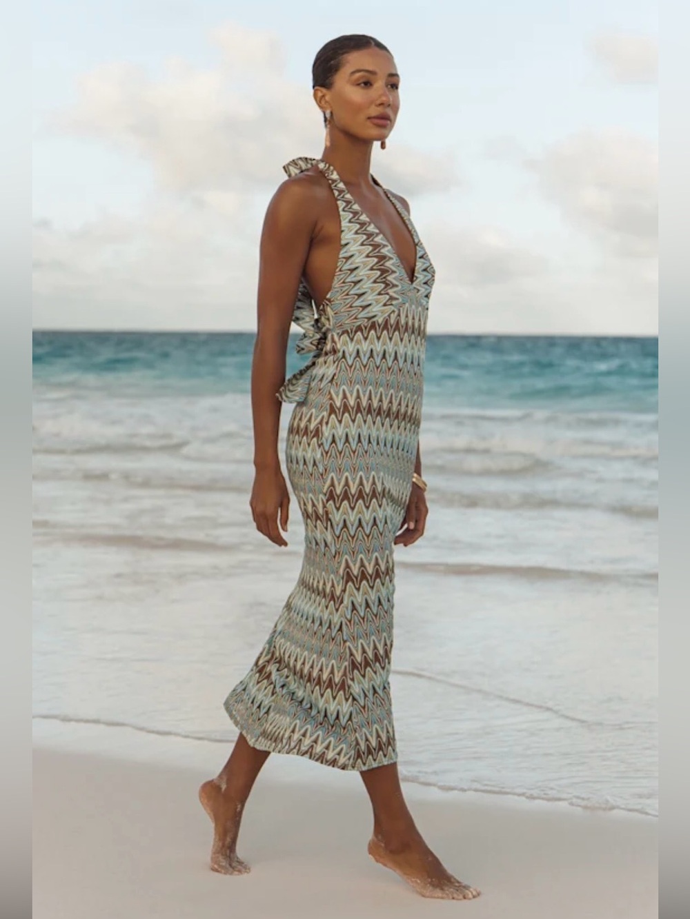 New! Lulus Majesty Turquoise and Brown Crochet Halter Midi Dress